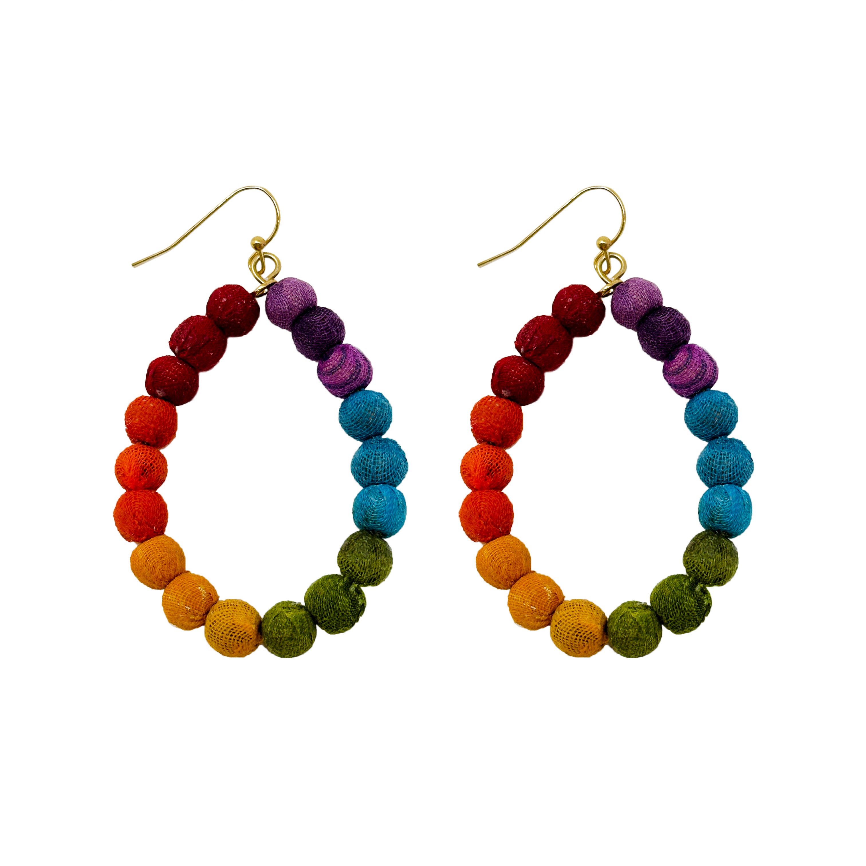 Kantha Prism Earrings made of beads that have been sorted and arranged into vibrant, color-blocked sections for an multichromatic rainbow-like display of color.