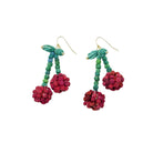 Teeny tiny Kantha fabric beads in cherry red have been crafted into a pair of your favorite fruit, that dangle from green stems.