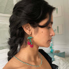 Model wearing colorful Kantha Cherry Earrings.