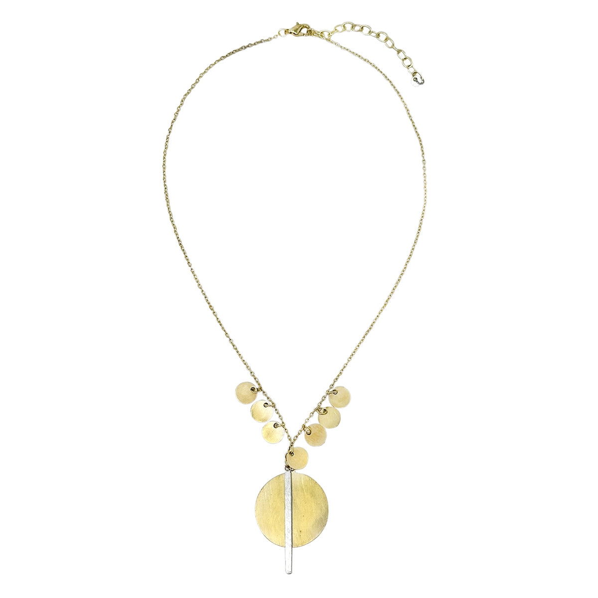 A gold disc necklace is shown against a white background.
