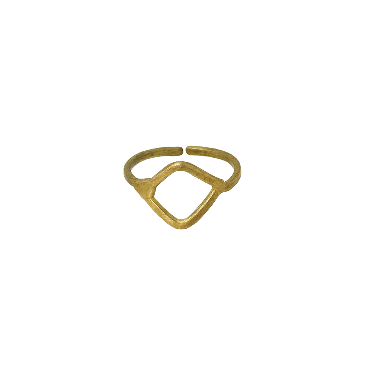 A gold ring with a cutout rectangular center motif is shown on a white background.