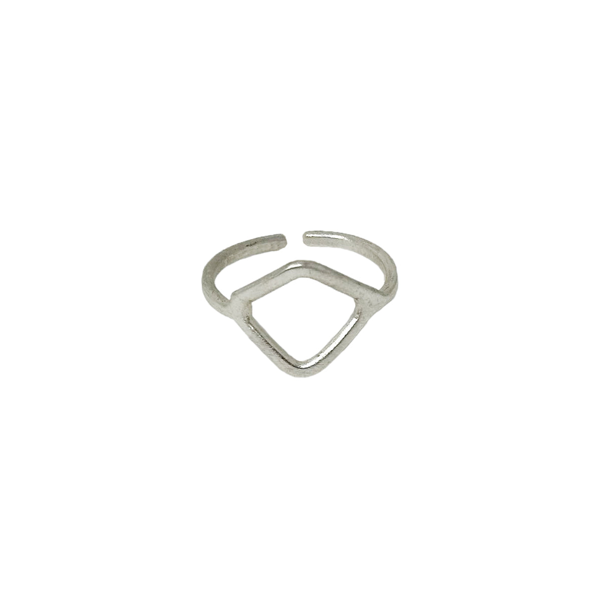 A silver ring with a cutout rectangular center motif is shown on a white background.