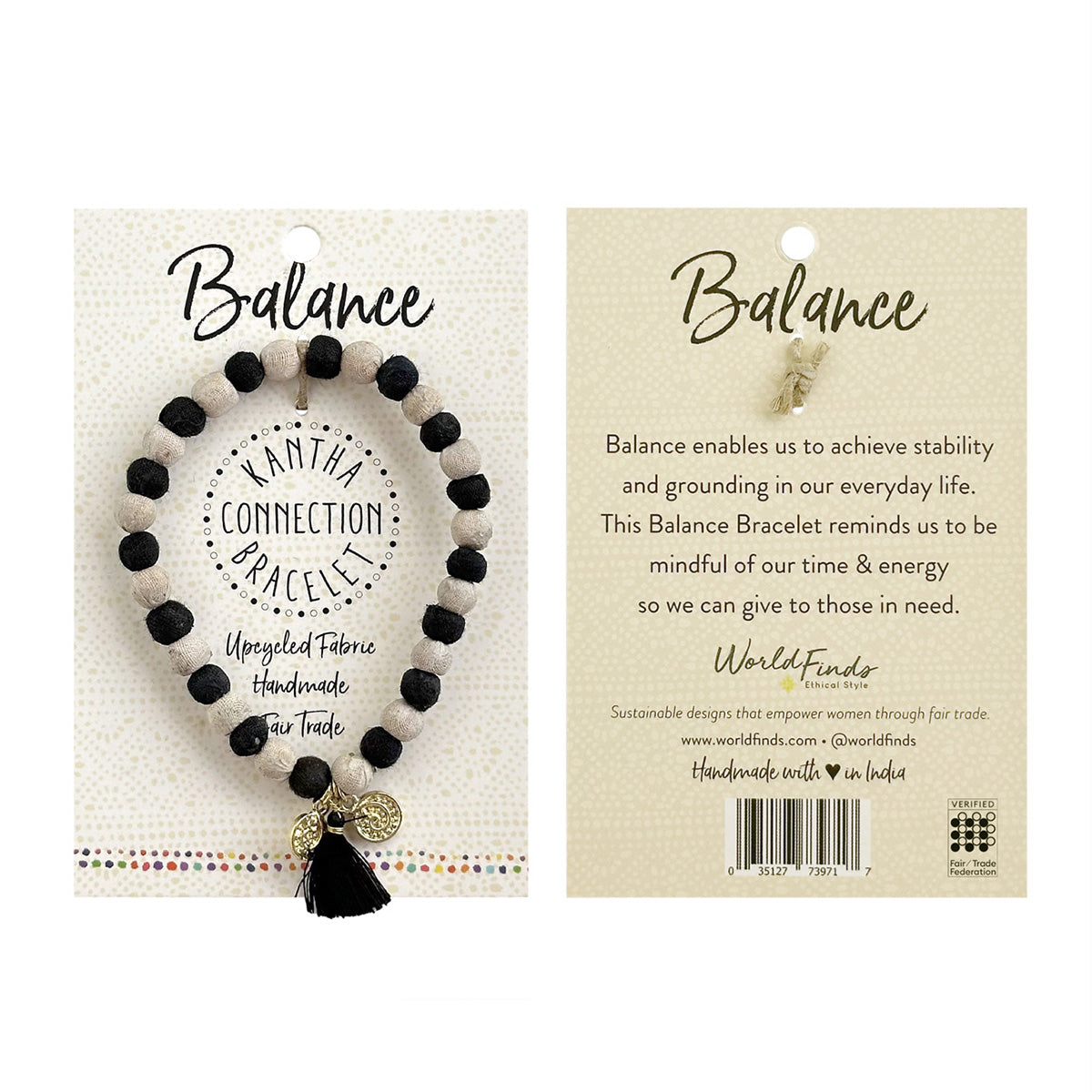 The front and back of a carded black and white bracelet against a white background.