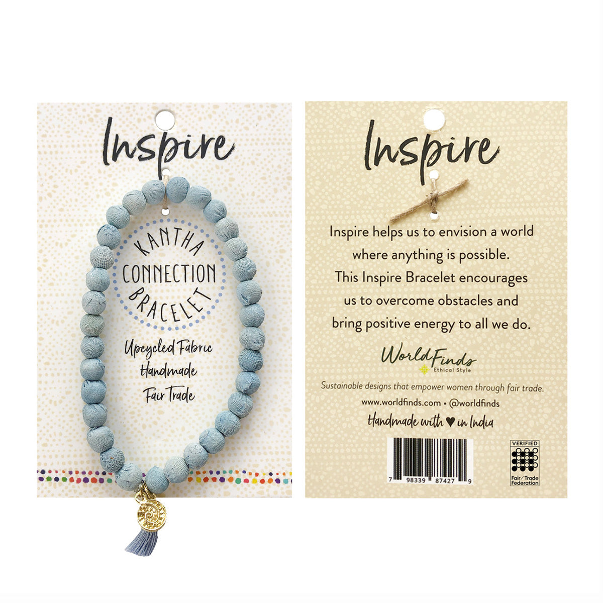 The front and back of a carded beaded bracelet against a white background.