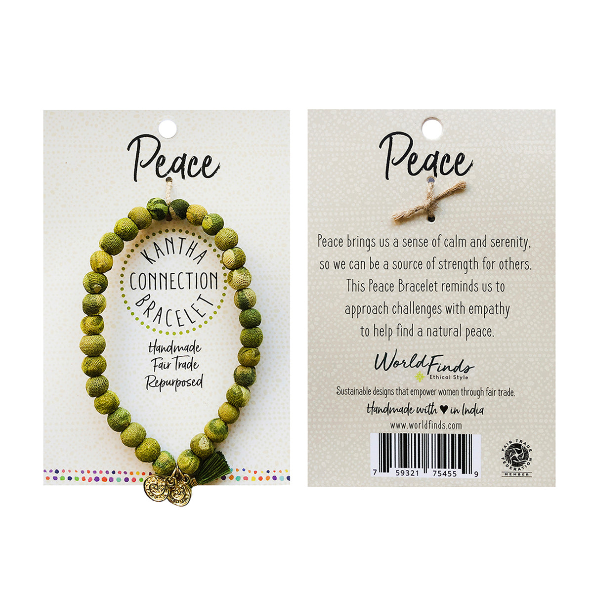 The front and back of a carded beaded bracelet against a white background.