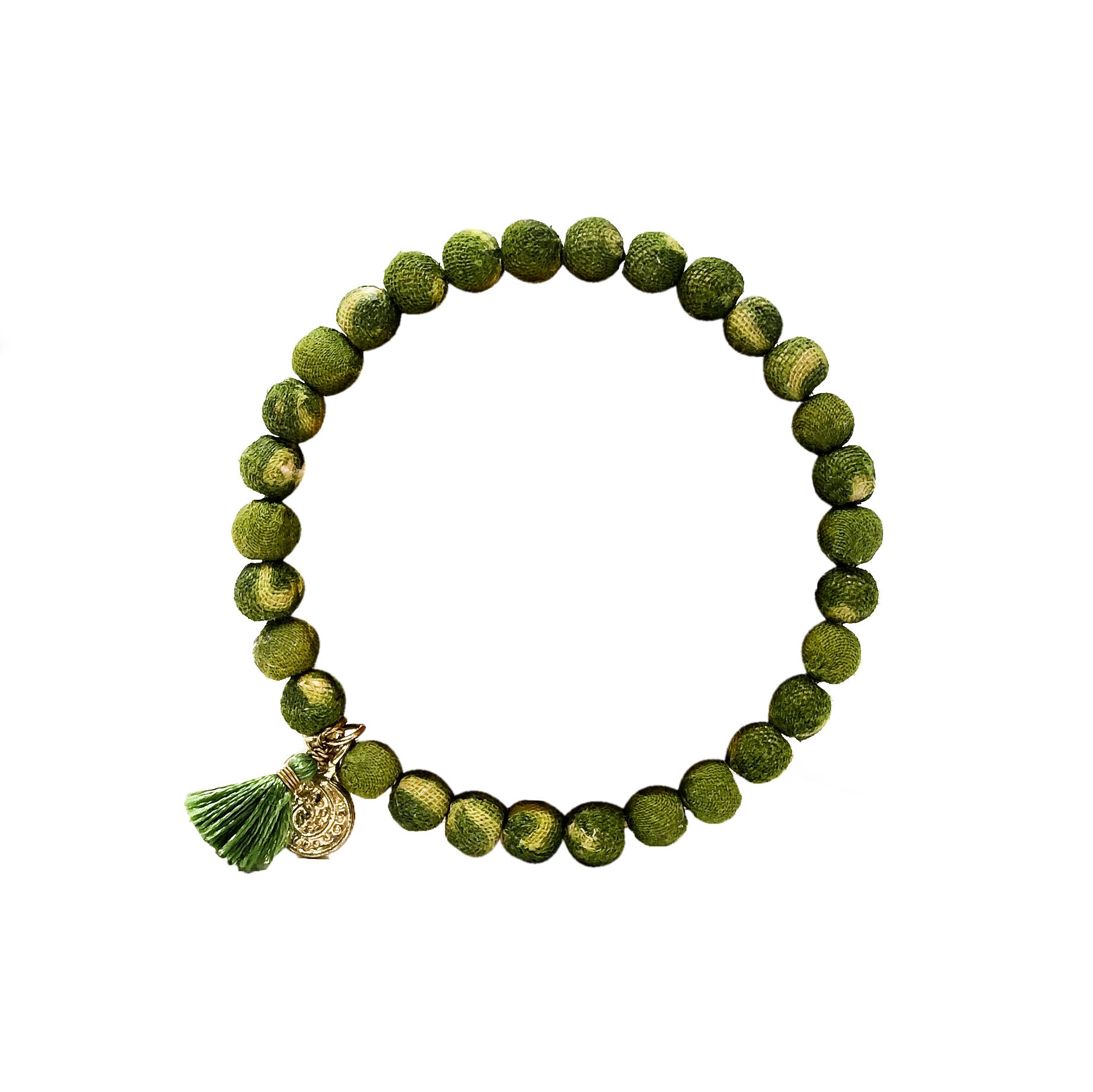 A green beaded bracelet against a white background.