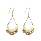A pair of gold earrings is shown against a white background.