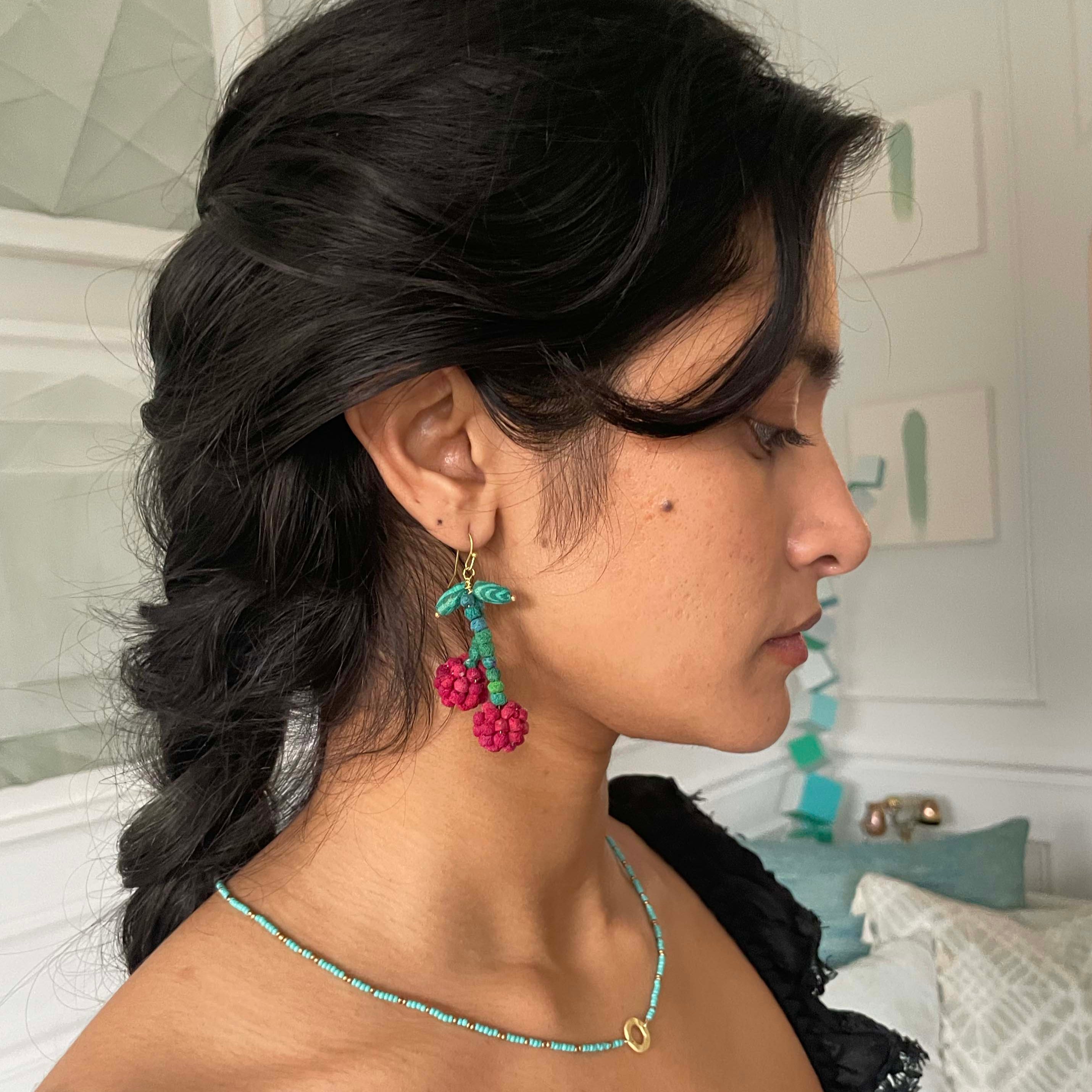 Model wearing colorful Kantha Cherry Earrings.