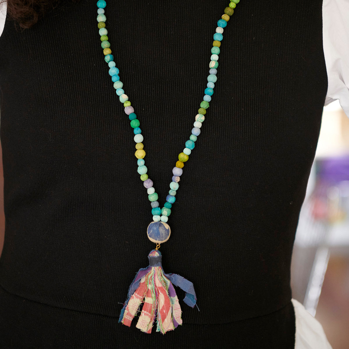 Kantha Water Lilies Tassel Necklace