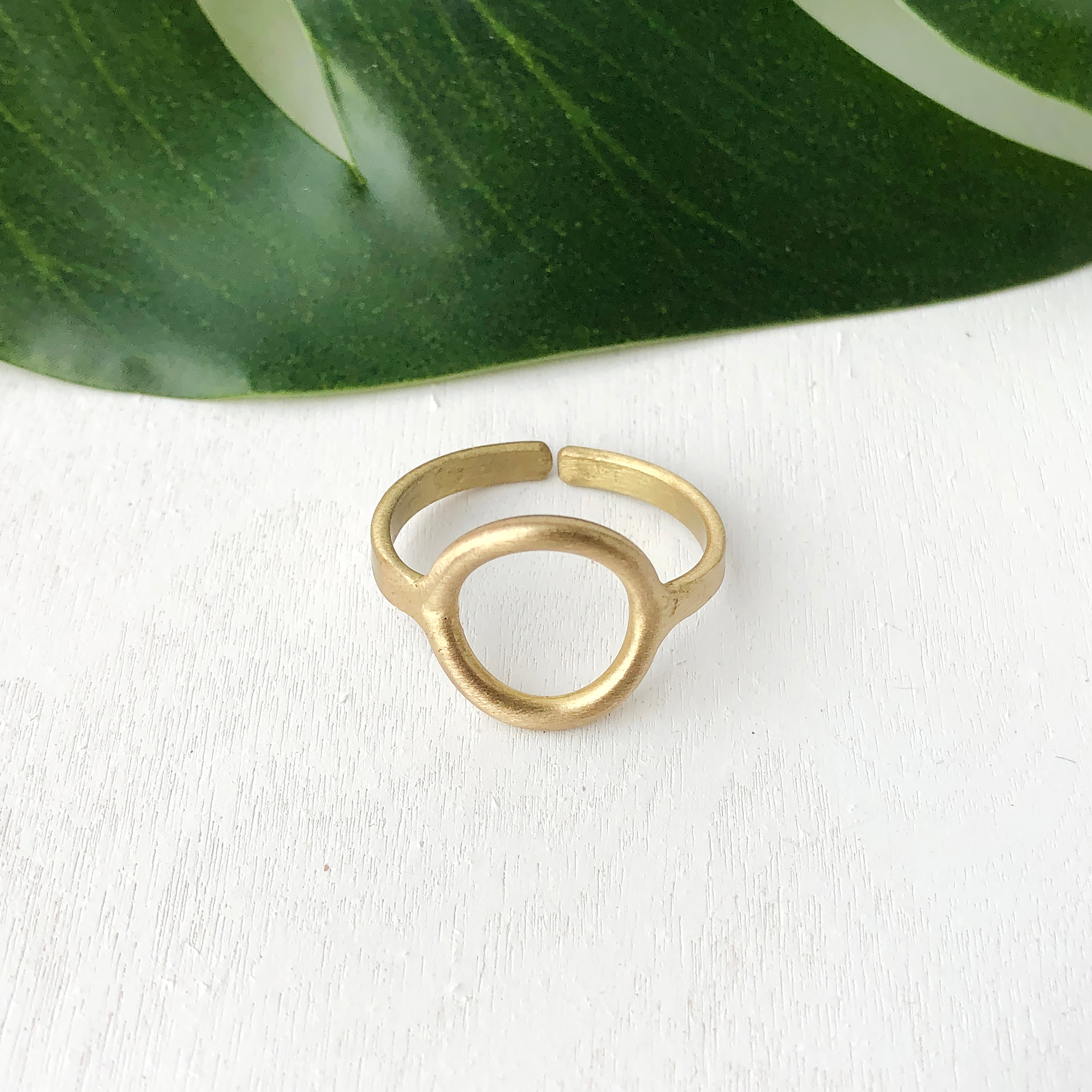 A gold metal ring against a white surface with a green leaf in the background.