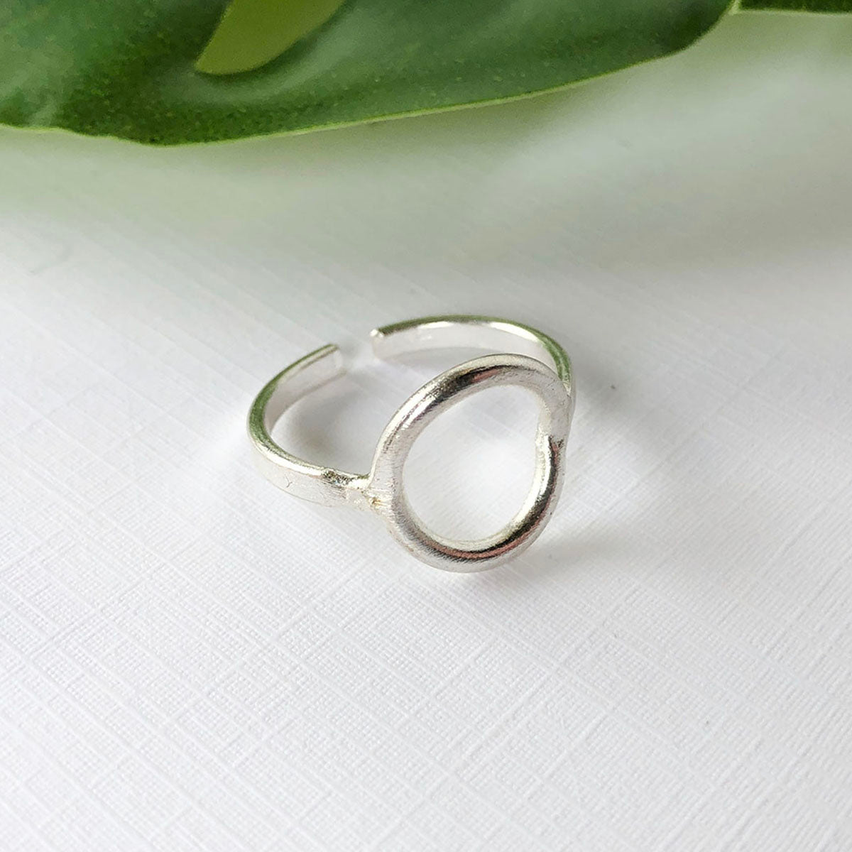 A silver metal ring against a white surface with a green leaf in the background.
