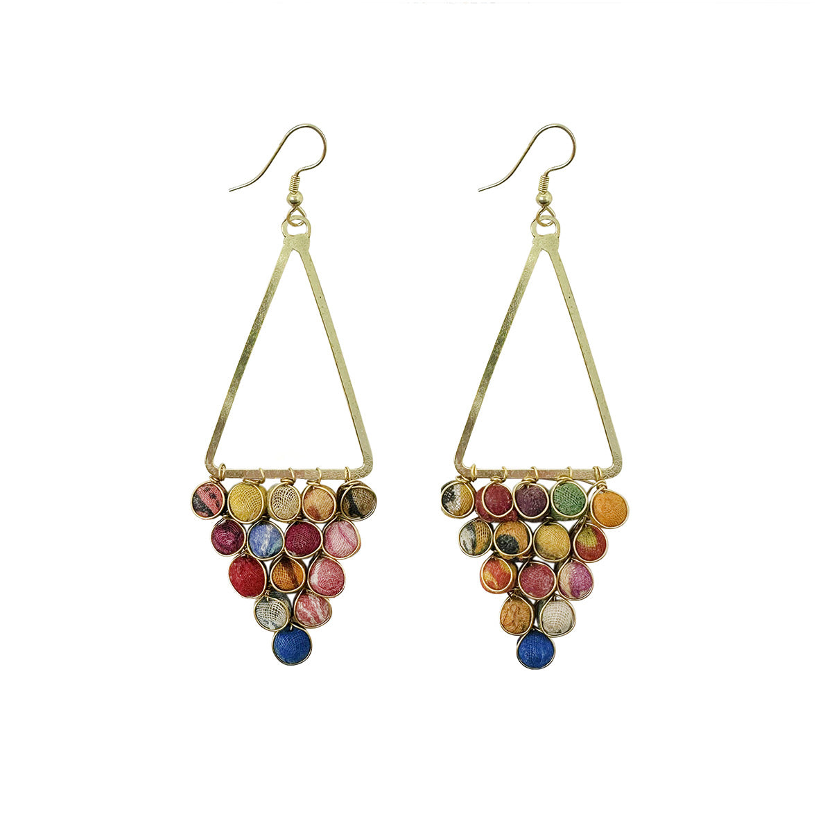 A triangle made from textile-wrapped beads and gold wire hands from a golden triangle frame to form these earrings.
