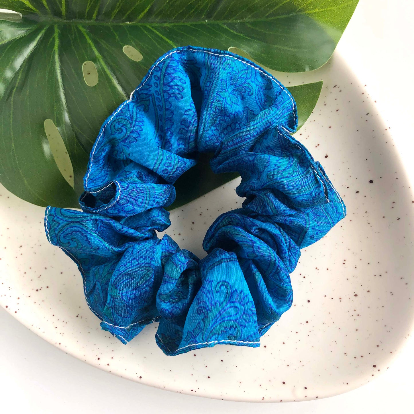 Load image into Gallery viewer, A blue Large Sari Silk Scrunchie
