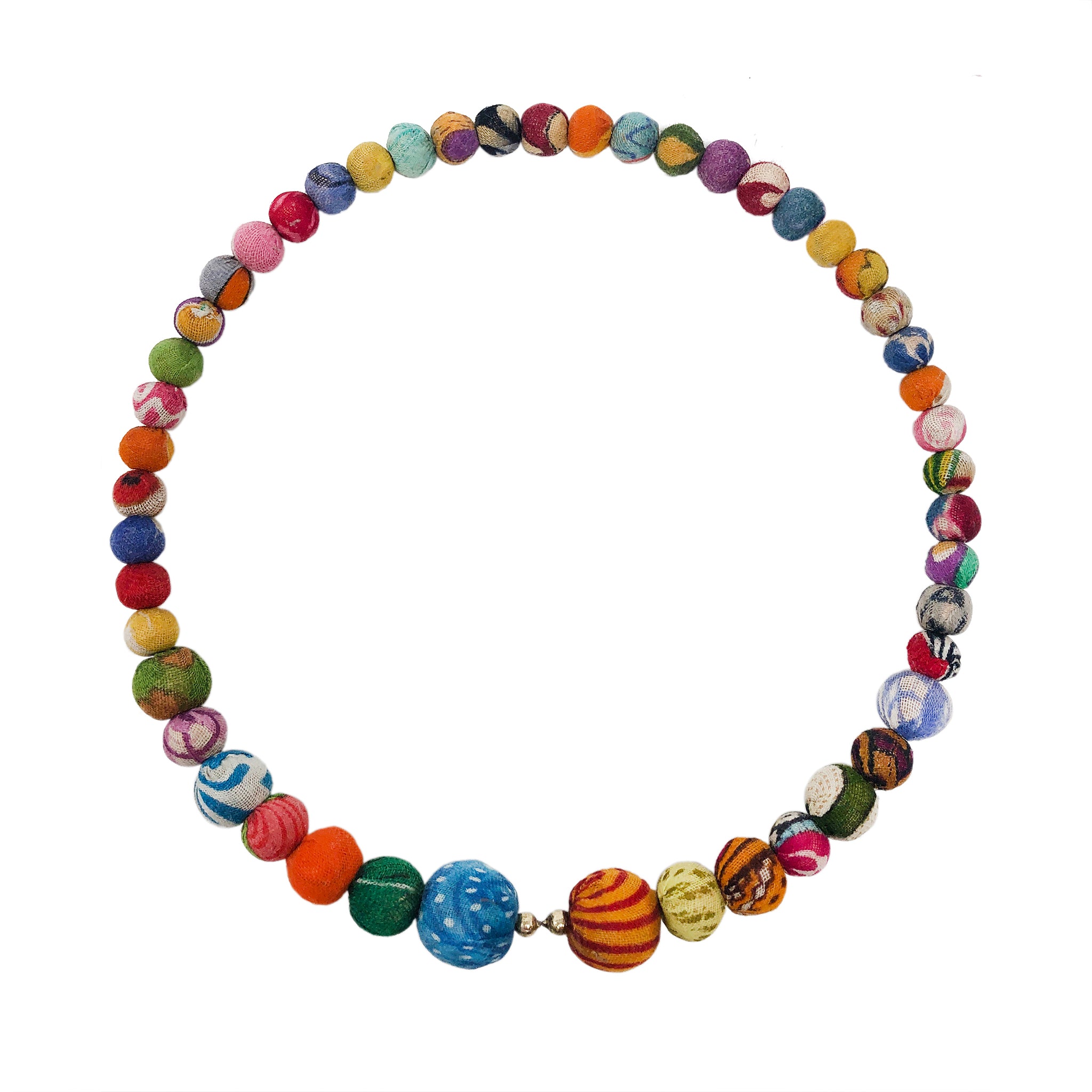 A circle of colorful textile-wrapped beads on a memory wire form this classic choker silhouette.