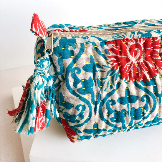 Load image into Gallery viewer, A blue &amp;amp; red Kantha Makeup Bag.
