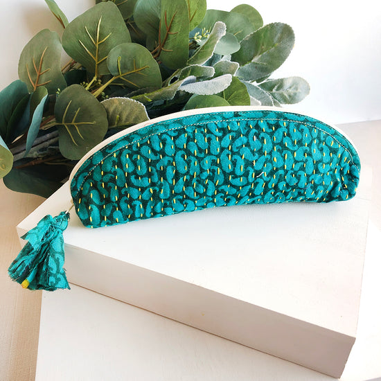 Load image into Gallery viewer, A blue Kantha Brush Bag.
