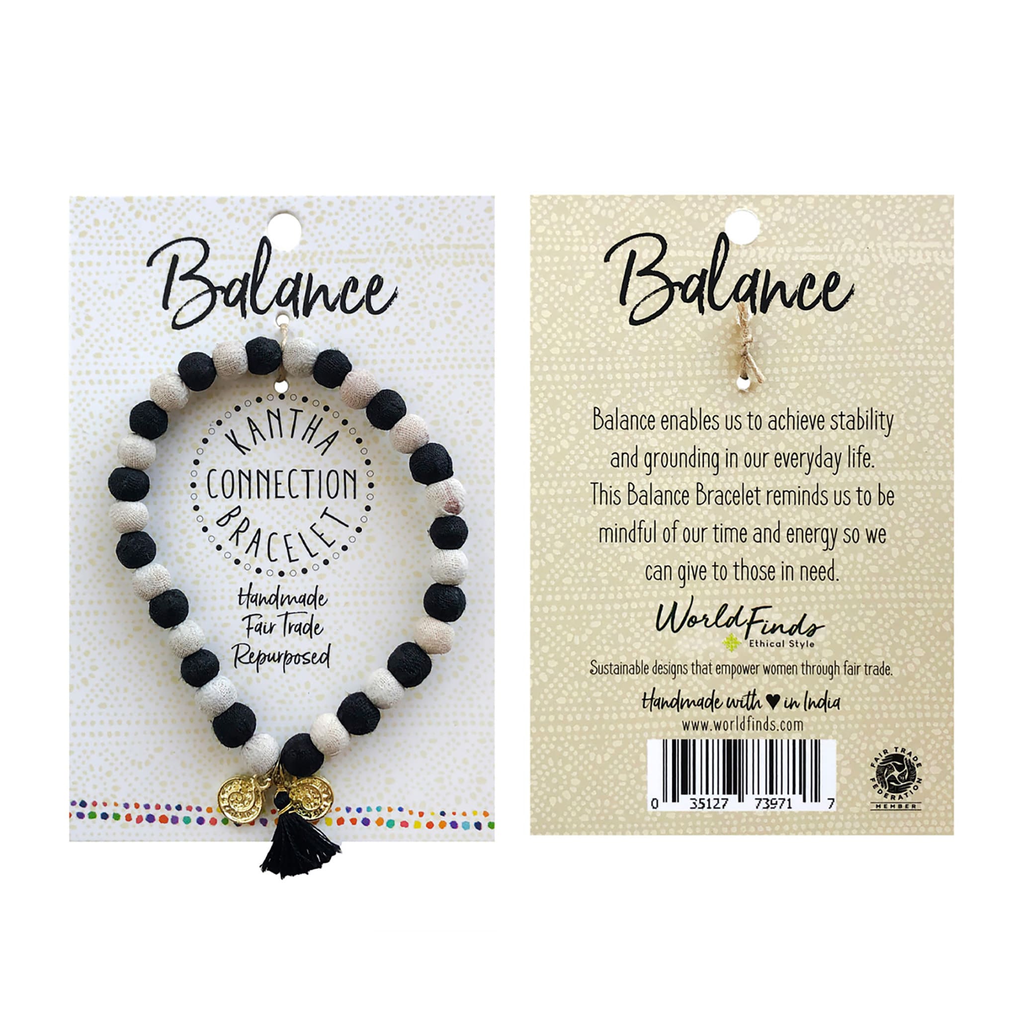 The front and back of the carded Balance bracelet is shown