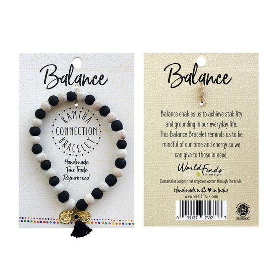 The front and back of the carded Balance bracelet is shown