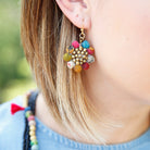 A close up of a woman's ear and the multicolor earring that adorns it.